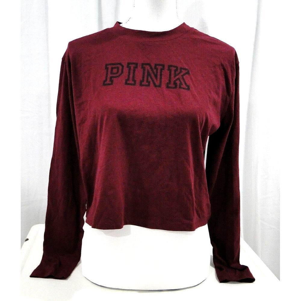 Victorias Secret PINK Crew Neck Long Sleeve Crop TopNEW Tee Shirt Maroon Logo XS